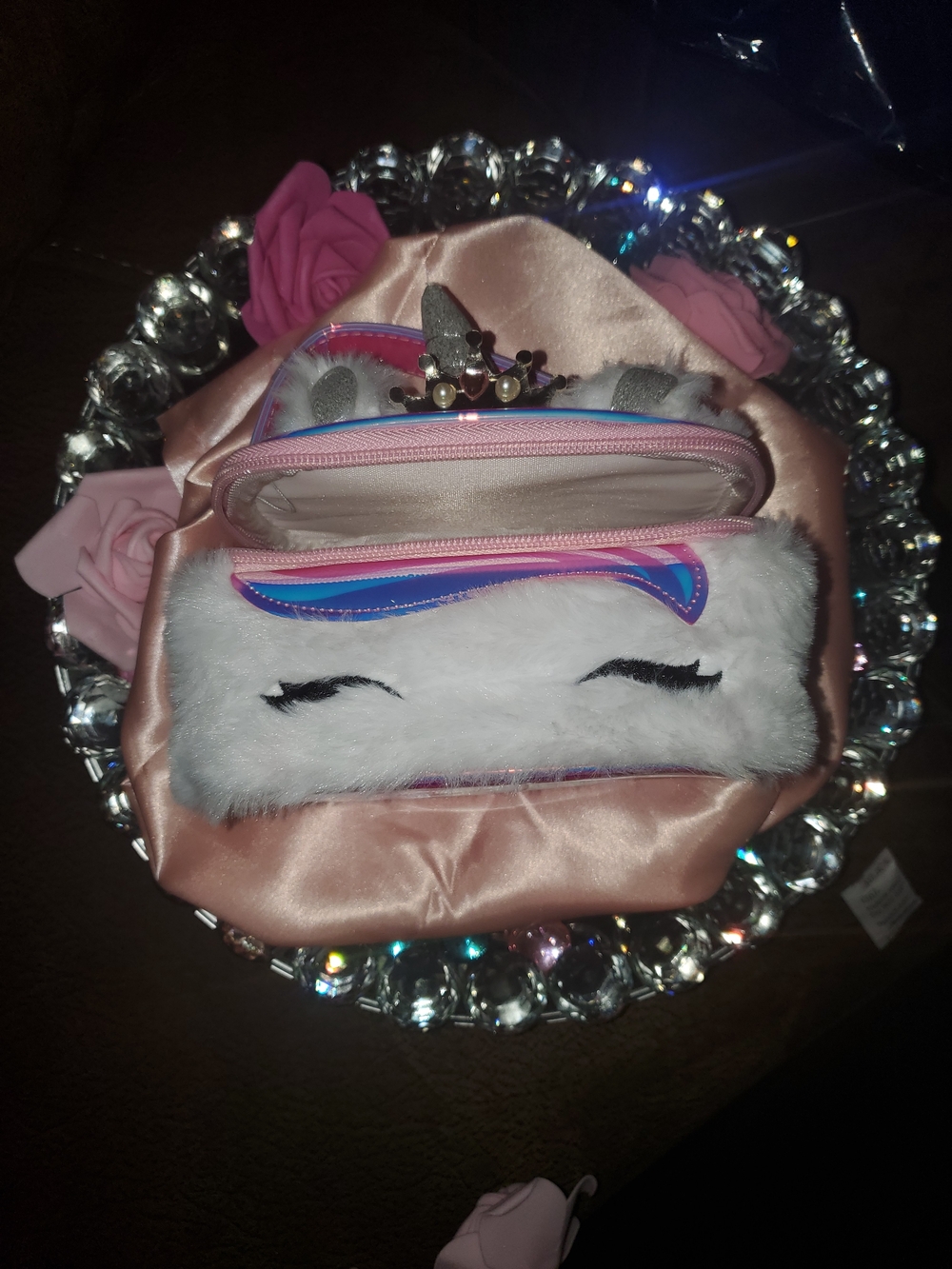 White and Pink Faux Fur Unicorn Pencil/Carrying Case with Crown Detail